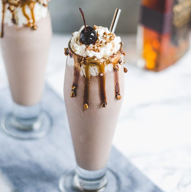 Chocolate Bourbon Butter Pecan Milkshakes