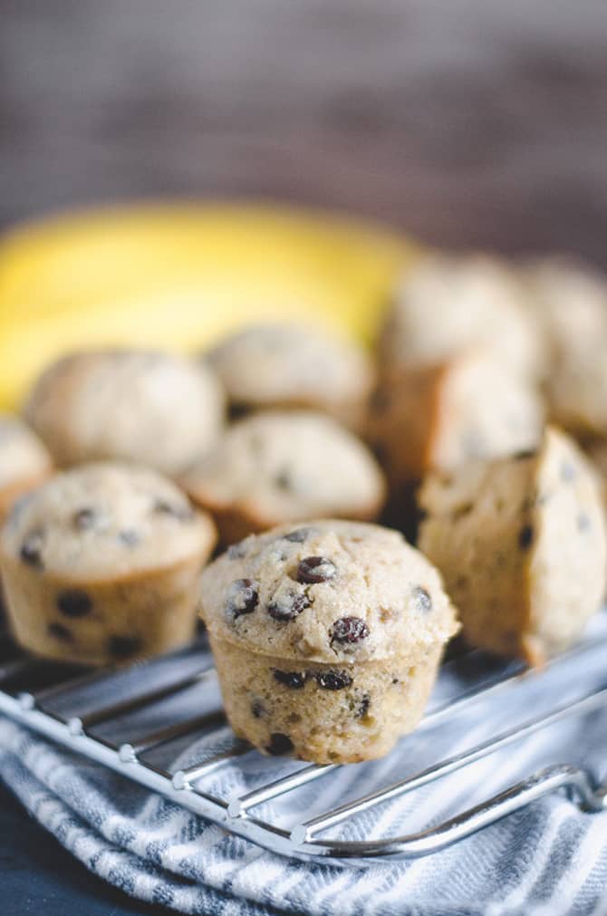 Perfect for Breakfast on the Bus: Wheat Banana Chocolate Chip Mini Muffins
