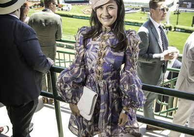 Merri Malechek from Texas in a stunning Zimmerman butterfly dress and fabulous fascinator.